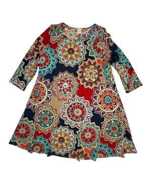 Hershe Women's Boho Medallion Print 3/4 Sleeve Tunic Swing Dress L